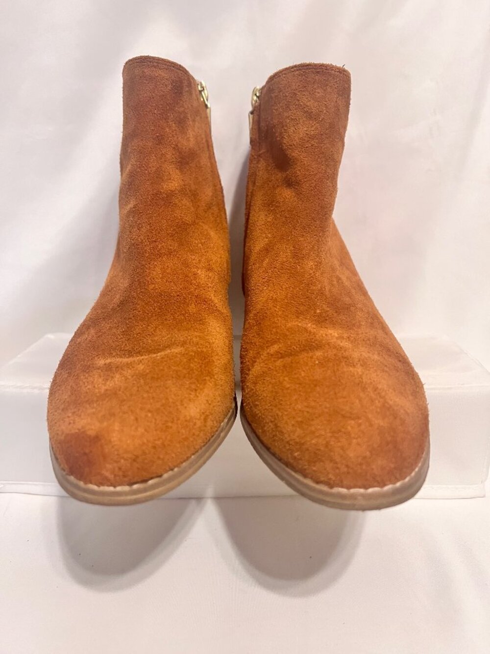 Clarks Somerset Orange Suede Feel Ankle 2" Heeled Bootie Boots-Size 11-Gold Zip - Picture 3 of 14
